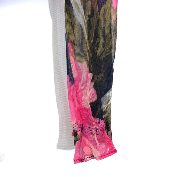 Anne Klein AK 100% Silk Black Pink Floral Long Sleeve Ruffle Button Blouse Top - Picture 3 of 8